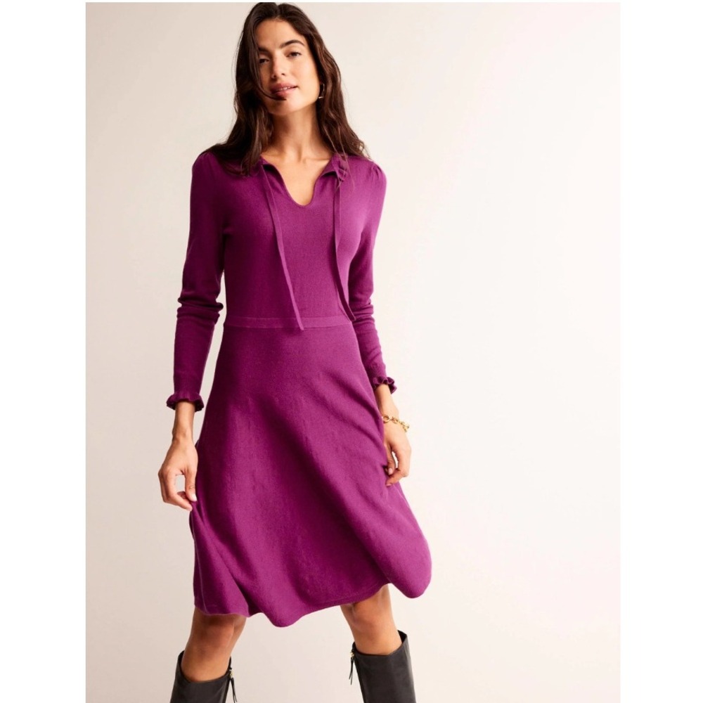 Boden Purple Cotton Wool Blend Ruffle Detail Knit Midi Dress D0816‎ 6L NEW